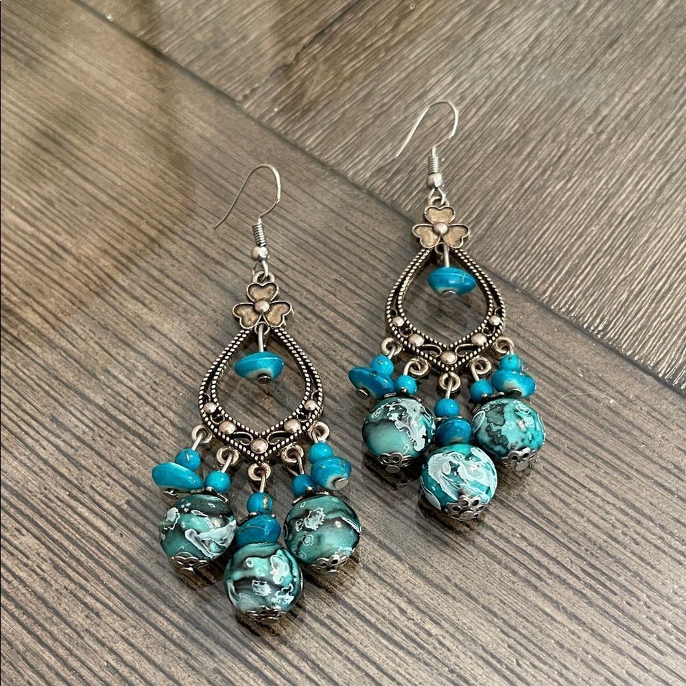 Vintage Dangling Faux Turquoise and Silver Dangle Earrings Bohemian Style